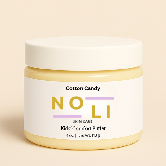 Jar of Cotton Candy Noli Kids' Comfort Butter on a beige background