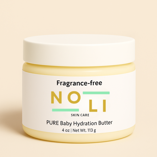 Fragrance-free PURE Baby Hydration Butter in white jar with clean label for dry, sensitive baby skin