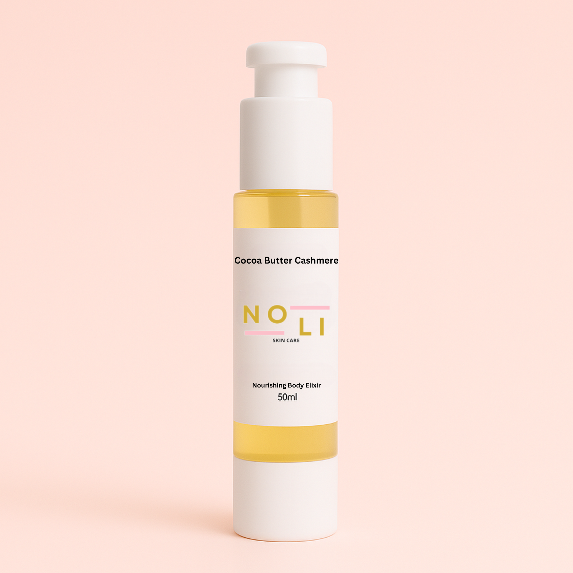 Noli Cocoa Butter Cashmere body elixir bottle on a pink background