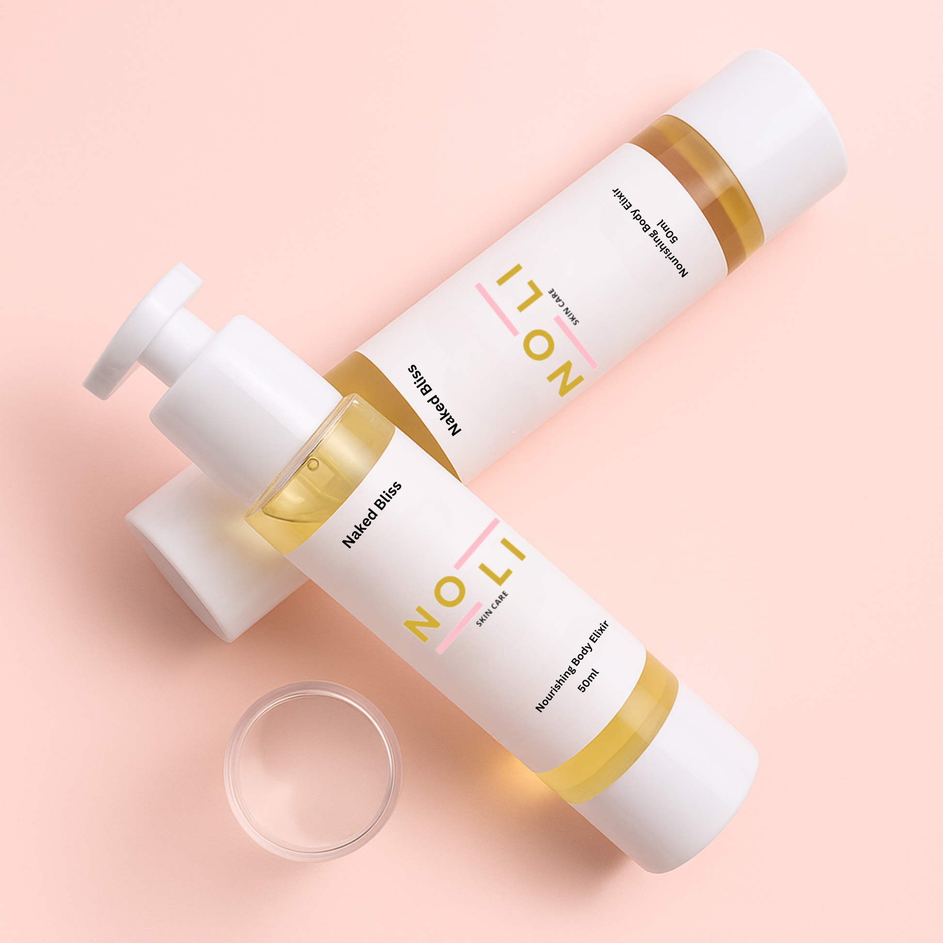 Two Noli skincare bottles on a pink background