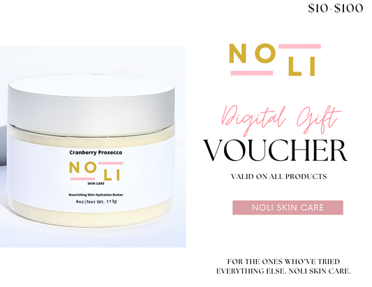 Promotional image featuring a digital gift voucher for Noli skin care, with a container of body butter labeled 'Cranberry Prosecco' and the brand's logo.